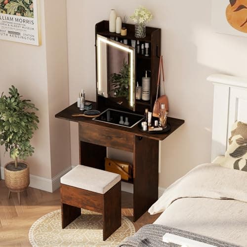 Image of COSTWAY Small Dressing Table with 3-Color LED Lights Mirror and Stool, Drop-Leaf Makeup Table Vanity Desk with Charging Station, Fold-up Panel, Glass Top, Cabinet & Drawer for Bedroom (Rustic Brown)