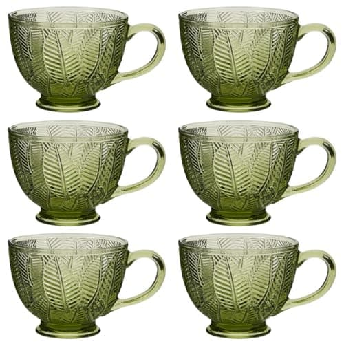 Image of Vintage Style Glass Coffee Mugs Embossed Footed Teacup Style Cups for Tea/Coffee/Hot Chocolate Botanical Green Leaf Embossed Tea & Coffee Glasses Set with Handles Christmas Kitchen Gift Idea 400ml (6)