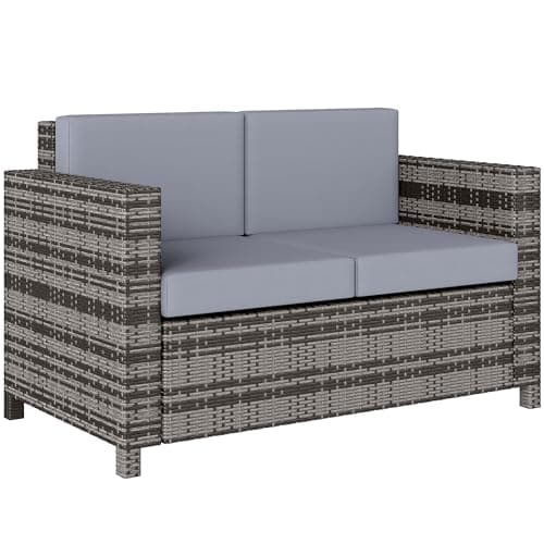 Image of Outsunny Rattan Sofa, 2 Seater Garden Furniture with Soft Padded Cushion and Armrests, Wicker Garden Loveseat for Patio, Mixed Grey