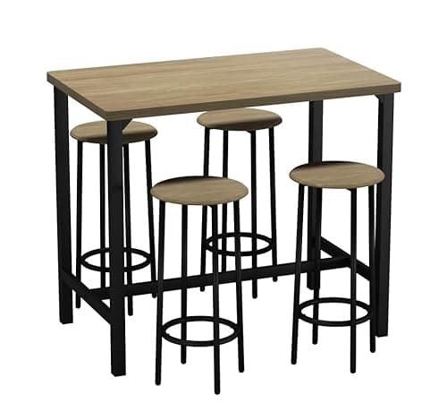 Image of URBNLIVING CANCUN Bar Table and Stools Set – Industrial Kitchen Dining Breakfast Counter Furniture with 2 or 4 Chairs, Space-Saving Design for Home & Small Spaces - 5 Piece - Oak