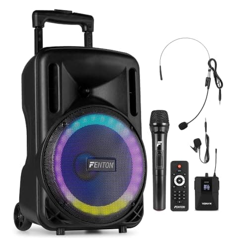 Image of Fenton FT10LED MK2 10-Inch Portable Battery PA Speaker System with Wireless Microphones, Bluetooth & MP3 Playback, Integrated Trolley & LED Light Effects for Performances & Events