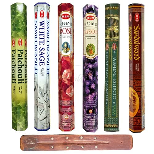Image of HEM Incense Sticks - 6 unique and premium flavours - Patchouli, White Sage, Precious Rose, Precious Lavender, Egyptian Jasmine and Sandalwood with SAMASIA incense holder