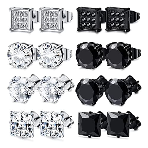 Image of KALVICA 8 Pairs Stainless Steel Stud Earrings - Silver & Black Cubic Zirconia Square Earrings - Hypoallergenic for Men, Women & Girls - 6MM