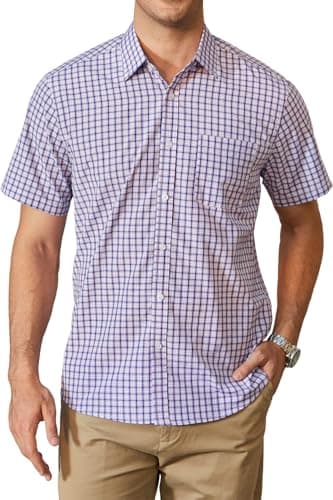 Image of HISDERN Checked Shirts for Men Short Sleeve Casual Summer Men Plaid Shirts Formal Business Button Down Gingham Checkered Work Regular Fit with Pocket Blue & Red 2XL