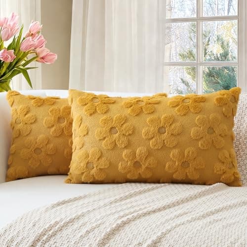 Image of Artscope Spring Summer Cushion Covers Set of 2 Flowers Throw Pillow Covers for Sofa 30x50cm Lumbar Seasonal Soft Plush Short Wool Velvet Cushion Case Holiday Decor Mustard Yellow