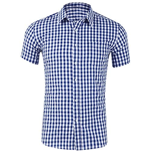Image of Men's Casual Checkered Button Down Shirt Cotton Short Sleeve Gingham Dress Shirts Regular Fit for Pocket Business Formal Casual Shirt Work Check Shirts for Men UK Dark Blue