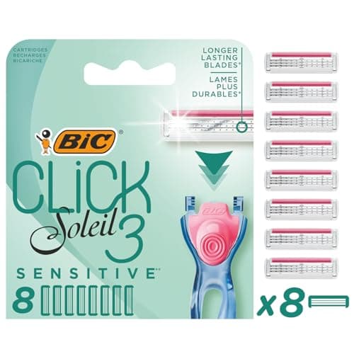 Image of Bic Click 3 Soleil Sensitive Women's Razor Refills, 3 Moveable Blades and Lubricating Strip - Box of 8 Cartridges, Blue