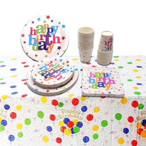 Image of BERRYLION Rainbow Birthday Party Tableware Set 131 Pcs Paper Plates Cups Napkins and Tablecloth Rainbow Birthday Party Decorations Party Supplies for 30 Guests