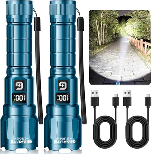 Image of GEARLITE LED Rechargeable Torch, 3 Light Modes, 6000 L, Super Bright Zoomable Torches with LCD Battery Display, IP65 Waterproof & XHP70.2 Tactical Torch for Camping, Fishing, Emergencies (2, Blue)