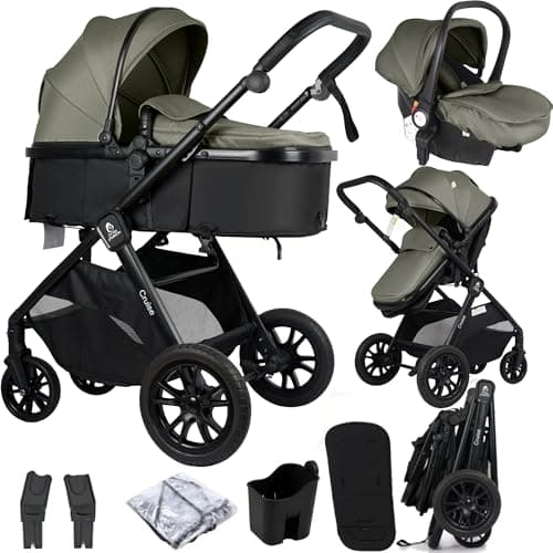 Image of For Your Little One Cruise 3-in-1 Travel System with i-Size Car Seat, Stroller, 13kg Pram, Height Adjustable Handle, Pram, Newborn 0-4 Years Free Raincover and Cupholder (Pebble Sage)