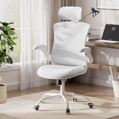 Image of COLAMY Ergonomic Office Chair with Lumbar Support, Mesh Desk Chair with Adjustable Headrest, Computer Chair with Flip-up Armrest, Adjustable Seat Height and Tilt Function for Home Office Study, White