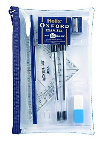 Image of Helix Oxford Filled Exam Pencil Case Set – Clear Case with Black Ballpoint Pens, Pencil, Eraser, Sharpener & Combined Protractor/Set Square – Ideal for School & Exam Use