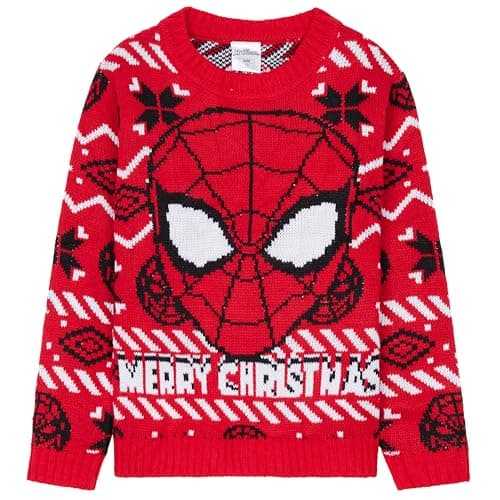 Image of Marvel Spiderman Boys Knitted Christmas Jumper, Cosy Festive Xmas Sweater - Gifts for Boys (Red, 4-5 Years)