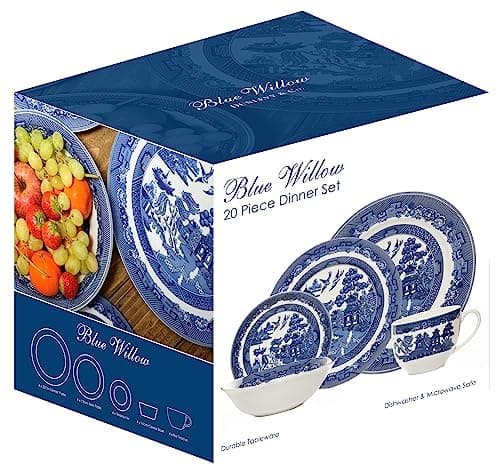 Image of AuraHome Blue Willow 20 Piece Durable Tableware Dinner Set (Cup Saucer Side Dinner Plates Bowls) Iconic Elegant Blue-Printed Scene on White Porcelain Depicts Nature & Historical Imagery