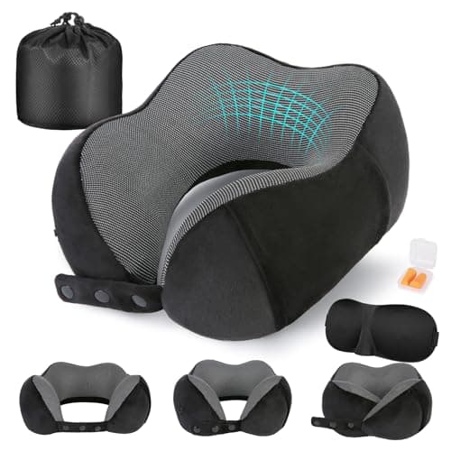 Image of Cirorld Travel Pillow for Airplane, Neck Pillow for Travel, Memory Foam Travel Neck Pillow for Adults, Adjustable & Compact Flight Pillow, Ergonomic Neck Cushion, With Ear Plugs, Eye Mask, Carry Bag