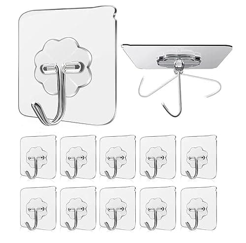 Image of Volunx 10 PCS Heavy Duty self Adhesive Clear Hooks Clear Waterproof 15kg 33lb Plastic Strong Sticky Hook for Bathroom Kitchen Wall Door Metal, Tiles, Wood, Ceramic to Make Garland