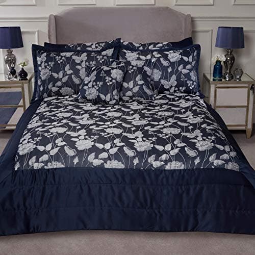 Image of Emma Barclay Butterfly Meadow - Embellished Jacquard Quilted Bedspread Set in Navy - To Fit Double/King