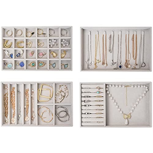 Image of ProCase Jewellery Tray Organiser 4 Set Jewellery Drawer Organiser Velvet Stackable Jewellery Storage Tray for Drawer Jewellery Display for Earring Necklace Ring Bracelet, Gift for Women -Grey