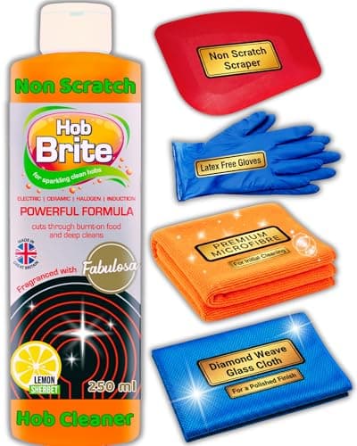 Image of Hob Brite Ceramic Hob Cleaner for Glass, Induction & Electric Hobs - with Non-Scratch Scraper, Cleaning Cloth, Polishing Cloth & Gloves - Professional Kit for Burnt Pans & Stove Top (250ml)