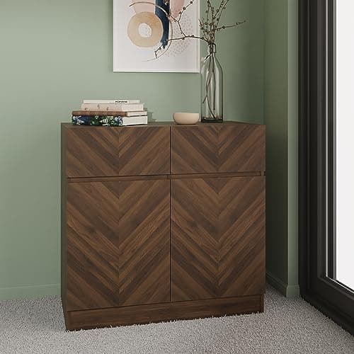 Image of GFW Catania Narrow Compact Sideboard Cabinet Unit With 2 Storage Drawers & 2 Storage Cupboards, Walnut Furniture For Living Room, Dining Room, Hallway & Office, Royal Walnut D39.8 x H76 x W79cm