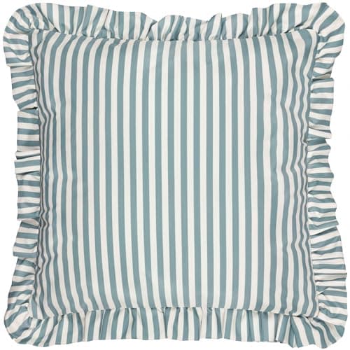 Image of furn. Wylder Millie Ruffle Cushion Cover – Water Resistant Ruffled Edge Heritage Stripe Outdoor Decorative Case (Duck Egg Blue - 50x50cm)