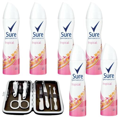 Image of 6x Sure Women Motion Sense 48Hours Spray Anti Perspirant Deodorant For Women Tropical 150ml & Also Deodorant For Men & JOLAFUNBS Nail Kit