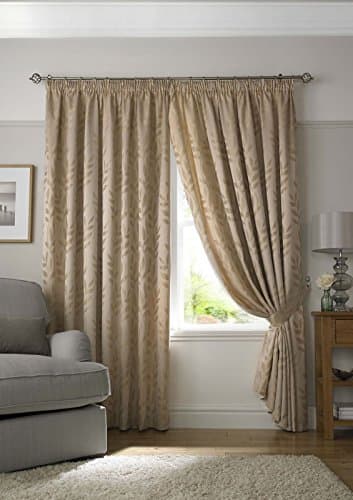 Image of Tivoli, Latte Lined Curtains, Trailing Leave Floral Jacquard Design, Pencil Pleat Curtain Pairs, 46" x 54"