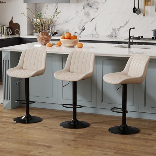 Image of Youhauchair Bar Stools Set of 3, Swivel Counter Height Barstools with Back, Adjustable PU Leather Bar Chairs, Modern Armless Kitchen Island Stool, Beige