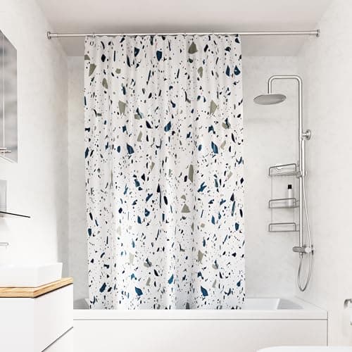 Image of Croydex Shower Curtain with Blue Terrazzo Design - 100% Polyester with a Weighted Hem, Machine Washable and coated with Proseal for Water Repellence, 1800x1800mm