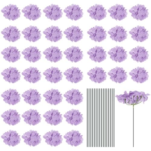 Image of sourcing map Silk Artificial Hydrangea Flowers, Light Purple Artificial Flowers Heads with Stems, Full Hydrangea Flowers for Wedding Centerpieces, Party Decoration 30Set