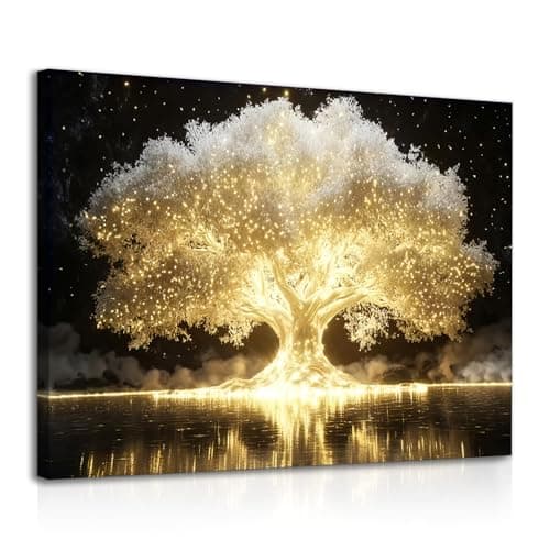 Image of Dazzlewall Framed Enchanting Luminous Tree of Life Wall Art,Magical Fantastic Golden Tree with Reflection Canvas Prints for Bedroom Living Room Decor 12x16 in