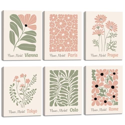 Image of ANHUIB 6 Pcs Boho Flower Market Framed Canvas Wall Art Set Matisse Floral Wall Decor Abstract Botanical Wall Painting Nature Floral Illustration Art Prints for Living Room Bedroom Office Decor 20×25cm