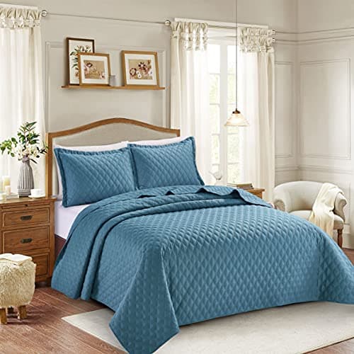 Image of PRIME LINENS 3 Piece Inspiration Quilted Bedspread Embossed Pattern Comforter Bedding Set Bed Throw with Pillow Case (Blue, Super King 3 Piece)