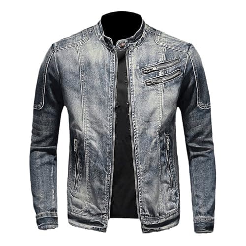 Image of Denim Jacket Mens with Zip Pockets Smart Casual Biker Jacket Long Sleeve Zipper Motorcycle Jackets Vintage Washed Slim Fit Jean Coat Fashion Men Outwear Y2K Streetwear 10~20