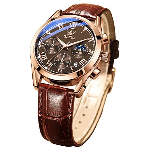 Image of OLEVS Men Watch Leather Strap Moon Phase Casual Classic Analog Quartz Calendar 3ATM Waterproof Luminous Men Wrist Watches