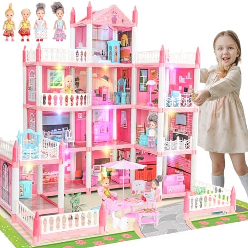 Image of Big Dream Doll House for Girls 4 Stories 11 Rooms, Dolls, Mat, LED Light, Furnitures, Accessories Toddler Dollhouse Gift for 3 4 5 6 7 8 9 10 Year Old Girls Toys