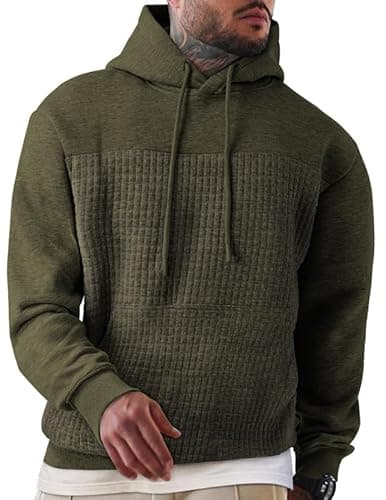 Image of Elegancity Mens Hoodies Pullover Casual Cotton Hooded Sweatshirts Autumn Winter Long Sleeve Drawstring Waffle Work Hoodie,Dark Green XL