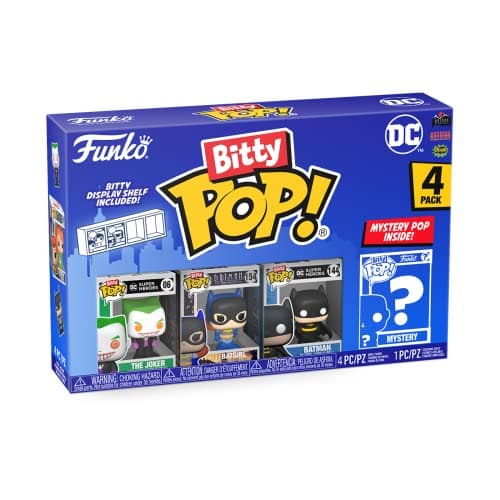 Image of Funko Bitty POP! 4 Pack: DC Comics - Batman, Batgirl, The Joker, Mystery Mini Figure - Styles may vary - 0.9 inch (2.2 cm) Collectable - Stackable Display Shelf Included - Gift Idea - Cake Topper