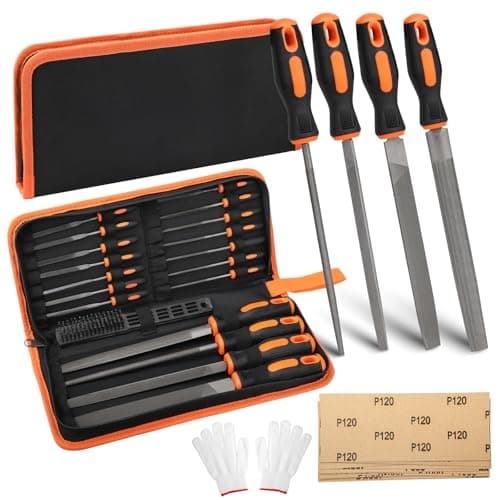 Image of 19Pcs Metal File Set, Professional Files Tools, Hand Needle Files, Large Fine Micro Steel, Flat/Half/Oval/Round/Triangular/Square, Perfect for Wood, Metal, DIY Project with Gloves, Bag, 12 Sandpapers