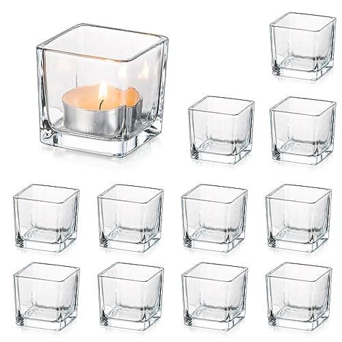 Image of Glasseam Clear Glass Tea Light Candle Holders Set of 12, Square Small Candle Holder Bulk, Christmas Tea Light Holders for Living Room Table, Modern Tealight Candle Holders for Wedding Centrepieces