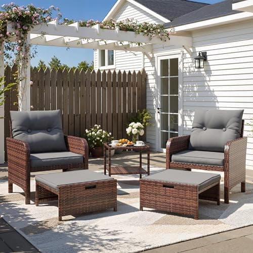 Image of Amopatio 5 Piece Rattan Garden Furniture Set, Patio Conversation Set with 2 Ottomans & Coffee Table, All-Weather PE Wicker Outdoor Sofa Set with Thick Cushions for Garden, Patio, Balcony, Brown
