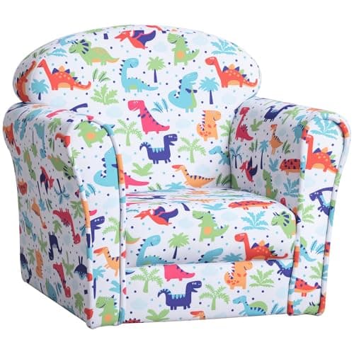 Image of HOMCOM Children's Armchair Flannel Kids Sofa Tub Chair Cartoon Dinosaur Pattern Wooden Frame Bedroom Playroom Seater Multicolour