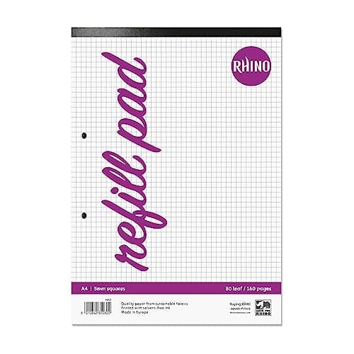 Image of RHINO A4 Refill Pad, Writing Pad, 160 Page / 5mm Squared, 1 Pack, White Hole Punched Top Binding Writing Paper, Office & School Stationery Supplies