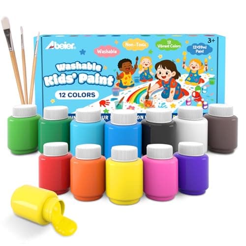 Image of ABEIER Washable Paints for Kids,12 Assorted Colours 59ML Tempera Kids Paint Set,Easily Washable Non-Toxic Acrylic Paint for Posters, Arts and Projects