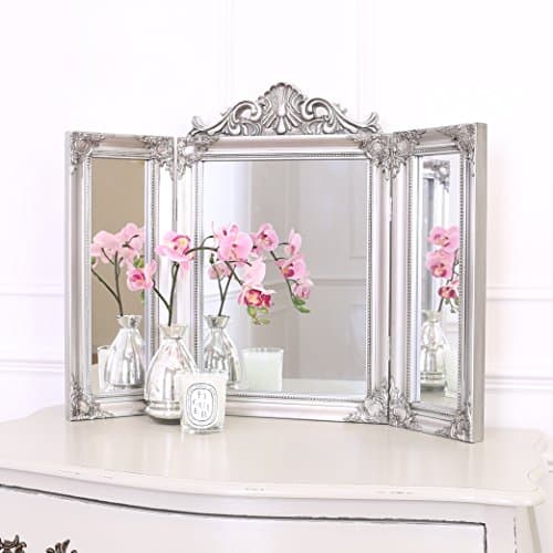 Image of Select Mirrors Ella Mirror – Tri Fold Dressing Table Mirror – 74cm x 55cm - Ornate, Shabby Chic Style (Antique Silver)