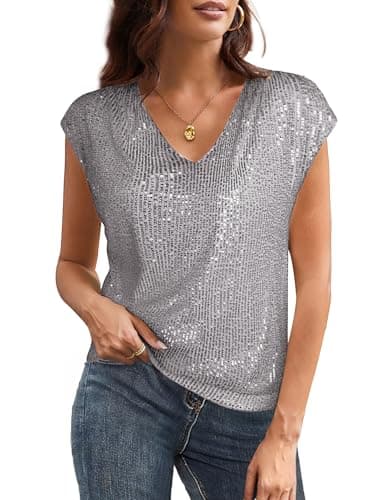 Image of GRACE KARIN Women’s Sequin Top Winter Xmas Short Sleeve V-Neck Sequin Glitter Shirt Casual Classic Blouses for Women UK XL Size 18 Silver-Grey