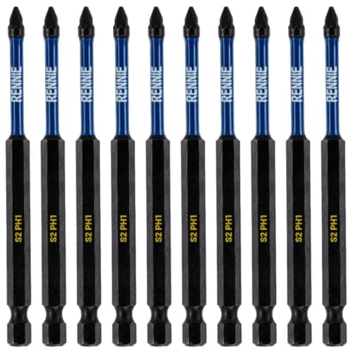 Image of 10 x Rennie Tools 100mm Long PH1 Impact Screwdriver Driver Bits Set. Magnetic Phillips No.1 Heavy Duty Impact Driver Bit Set. Extra Long PH1 Bits. Hex Shank, Cross Head. Black Oxide Coated