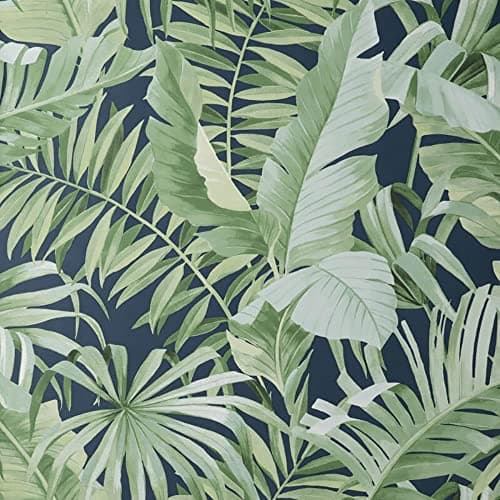 Image of Full Roll Navy Green Maui Leaf Wallpaper Tropical Jungle Palm Modern Natural