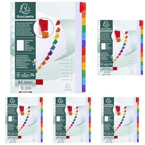 Image of Exacompta - Ref 4112E - Mylar Printed Indices - for Use with A4+ Documents, Pre-Punched, 160gsm White Card with Reinforced Plastic Tabs, FSC-Certified - 12-Part Dividers (1-12) (Pack of 5)
