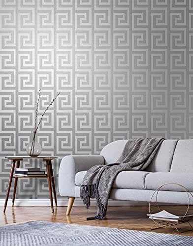 Image of Exclusive Athens Wallpaper Giorgio Greek Key Soft Silver White GL0026 Full Roll